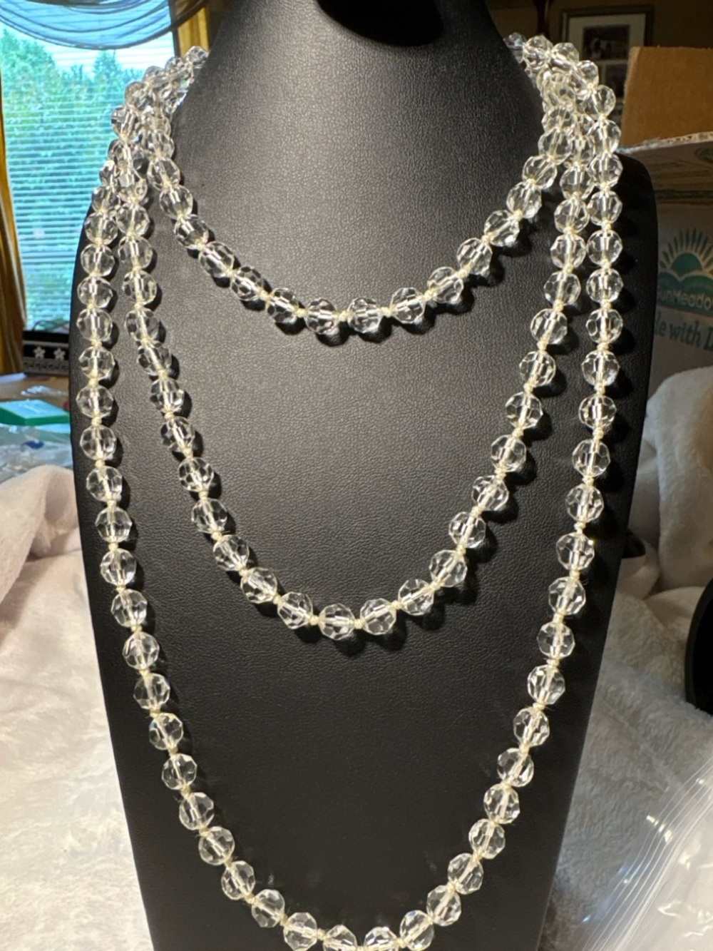 Les Bernard Inc 60” Crystal Beaded Necklace Clear Faceted Knotted Strand Vintage